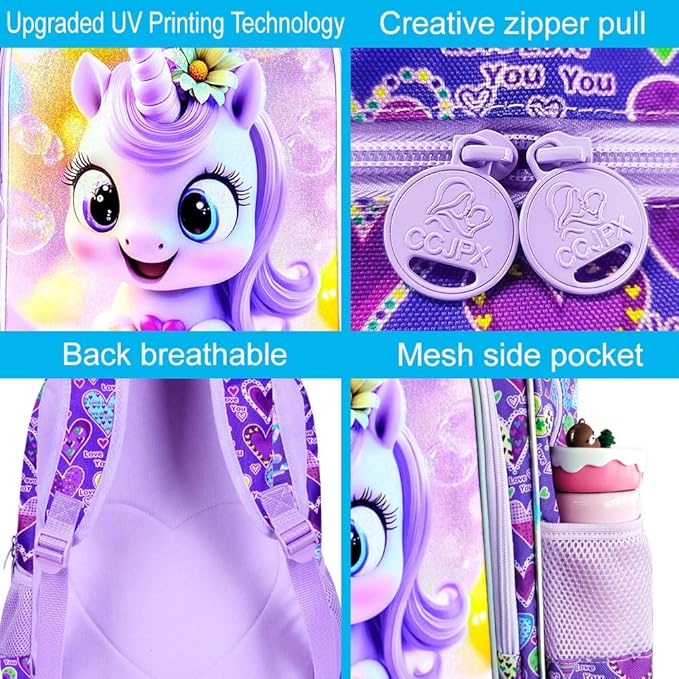 CCJPX 3Pcs Unicorn Backpack, 16” Kids Girls Bookbag with Lunch Box, Water Resistant Elementary School Bag for Kindergarten Preschool Toddler (Purple)