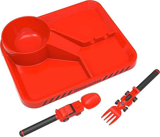 Dinneractive Dining Set for Kids - 3PC Red Race Car Dinnerware - Race Car Utensils - Toddler Plates - Baby Dishes