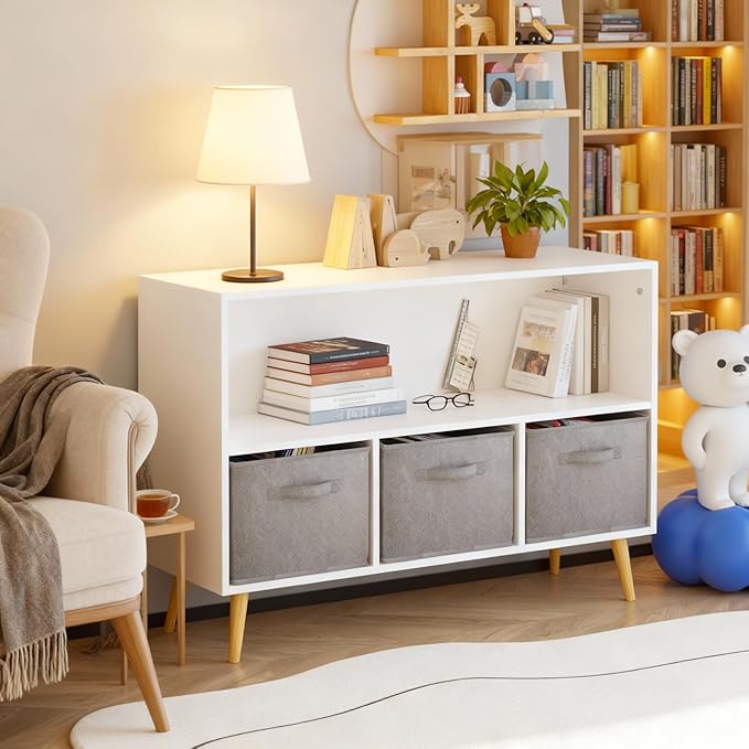 Kids Bookshelf, Wooden Bookshelf with 3 Collapsible Fabric Drawers and Pine Legs, Kids Bookcase with Storage for Books & Toys, White Multifunctional Bookcase for Nursery & Bedroom