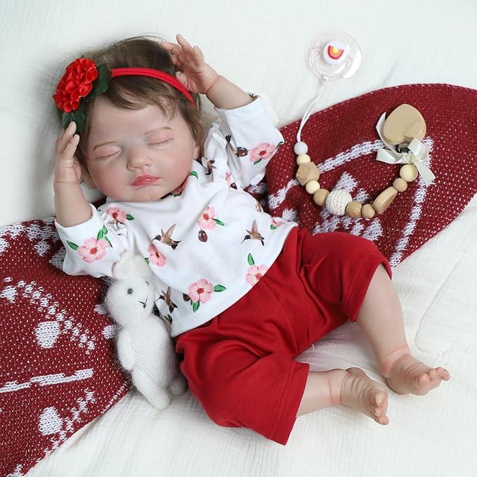SCOM 20 Inch Realistic Reborn Baby Doll, Lifelike Newborn Sleeping Girl, Soft Cloth Body & Vinyl Limbs, Gift Feeding Set & Gift Box, Safe Toy for Kids 3+ / Companionship Doll