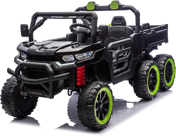 24V UTV 2 Seater Dump Truck with Remote Control, Electric Dump Bed, 4WD Power Ride on Truck Cars 6x6 Wheels, Music, Storage Trunk, Shovel for Kids-Black