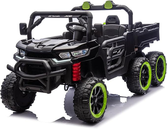 24V UTV 2 Seater Dump Truck with Remote Control, Electric Dump Bed, 4WD Power Ride on Truck Cars 6x6 Wheels, Music, Storage Trunk, Shovel for Kids-Black