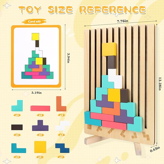 Wooden Stacking Puzzle Board, Montessori Brain Blocks for Kids 3-6 Years, Colored 3D Russian Block Game, Educational Teaser Jigsaw Toy for Boys & Girls, Fine Motor Skill for Age 3 4 5 6 7 8