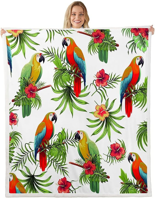 Palm Leaves Fleece Throw Blanket Parrots Plush Blanket for Kids Boys Girls Tropical Exotic Birds Sherpa Blanket Hibiscus Flowers Fuzzy Blanket for Sofa Bed Couch, Colorful Room Decor Baby 30x40 Inch