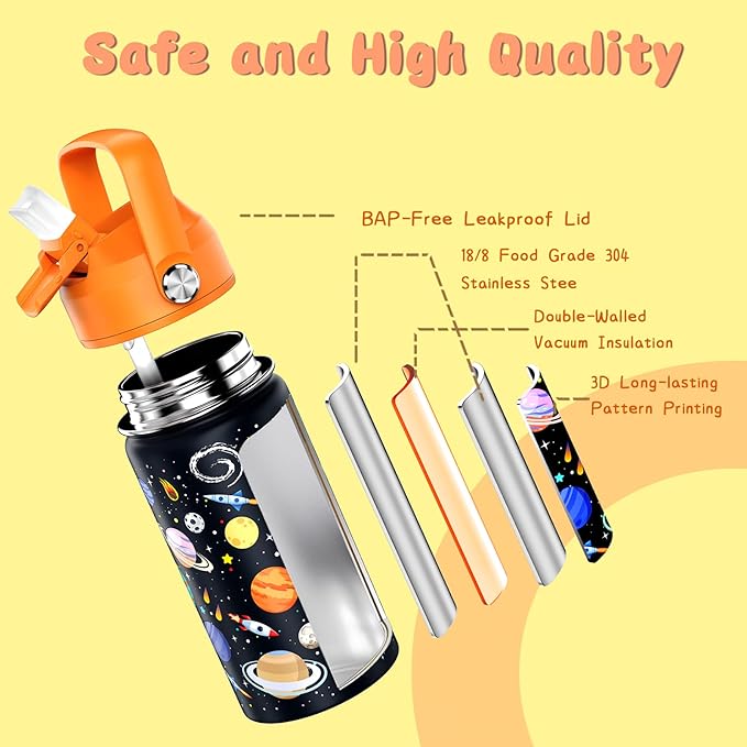 14oz Kids Insulated Water Bottle with Straw Lid - 18/8 Stainless Steel Kid Cup Travel Tumbler Double Wall Vacuum Leak Proof Portable Toddler Water Bottle (Space)