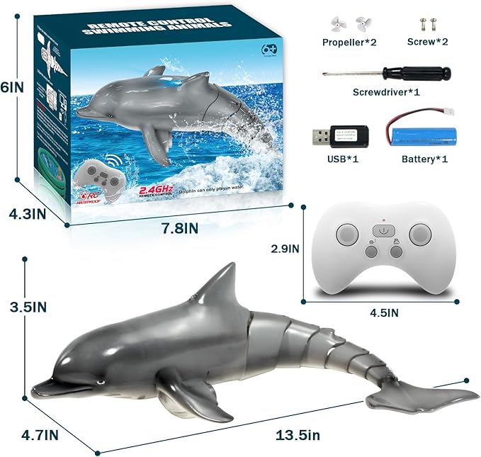 Remote Control Dolphin Shark, Water Pool Toys for Kids Ages 8-12, 2.4G High Simulation Oceanic Dolphins with Light, Swimming Bathroom Toys for 6+ Year Old Boys and Girls