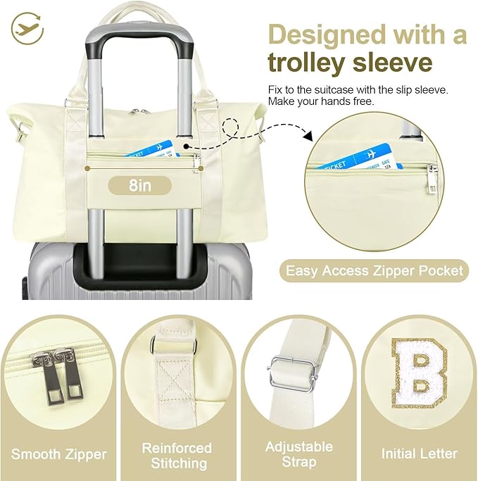 Dance Gym Duffel Bag for Teen Girls, Personalized Initial Travel Weekender Bag,Cute Overnight Carry On Duffle for Women,Sports Travel Cheer Bag,Monogram Christmas Gifts for Tween Preppy(beige-B)