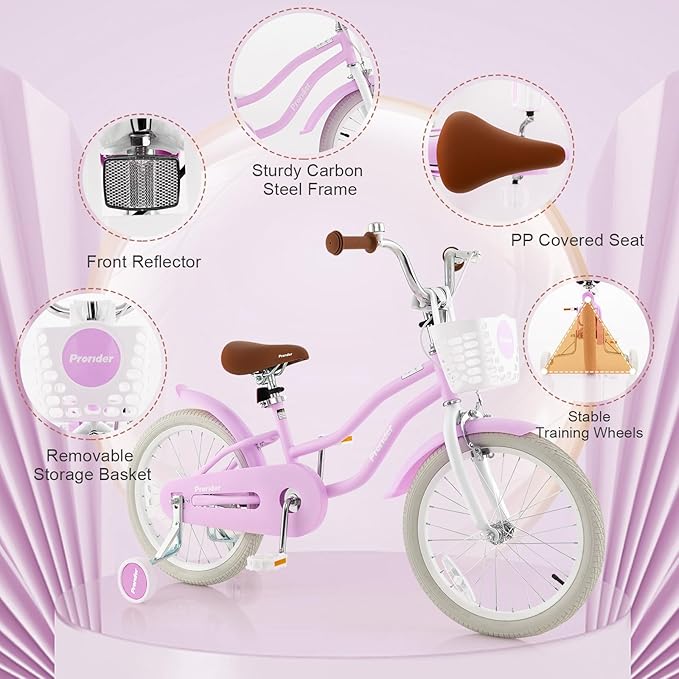 BABY JOY Kids Bike, 12 14 16 18 20 Inch Boys Girls Bike w/Adjustable Seat, Removable Basket, Handbrake & Coaster Brake, Training Wheels or Kickstand, Kids Bicycle with Multi-Color