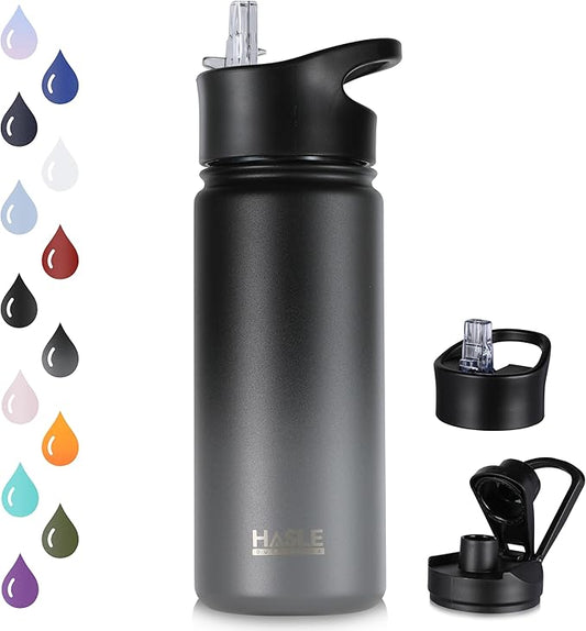 HASLE OUTFITTERS Insulated Water Bottle 16 oz Double Wall Vacuum Stainless Steel Water Bottle kid Leak Proof for School Wide Mouth with Straw Lid & Spout Lid Keeps Cold and Hot(Black and Gray,1pack)
