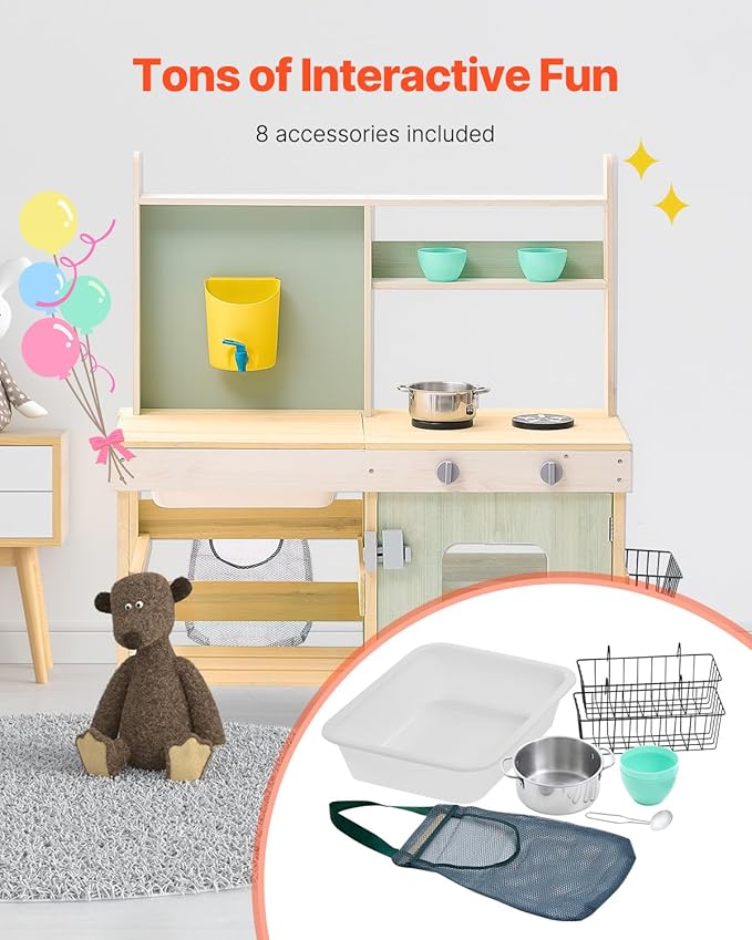 VEVOR Mud Kitchen for Kids, Wooden Toy Play Kitchen Set, Outdoor Toddler Grocery Store Playset, Pretend Play Kitchen with Stoves, Tank, Faucet, Storage Bag, Metal Baskets, and Cookware Pots