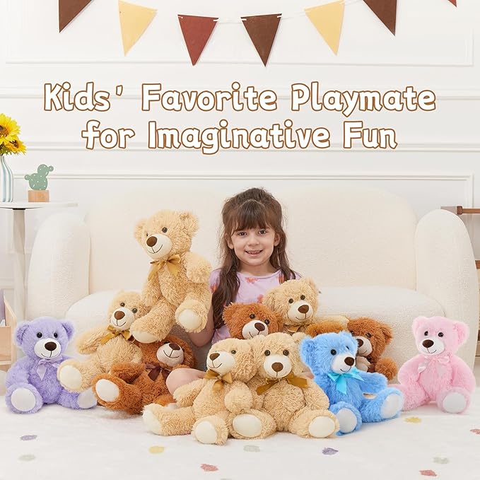 MorisMos 3Pcs Teddy Bears Bulk Baby Shower, 14inch Cute Teddy Bear Stuffed Animals Plush, Small Stuffed Bears on Centerpiece Baby Shower, Dark Brown