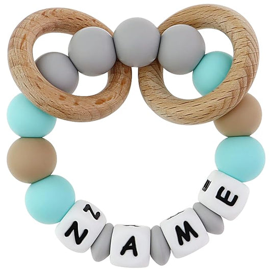 Personalized Baby Rattle Teether with Name, Customized Grasping Activity Shaker Grab Rattles, Early Educational Toys with Wood Teething Rings for Newborn Infant Toddler (Light Grey)