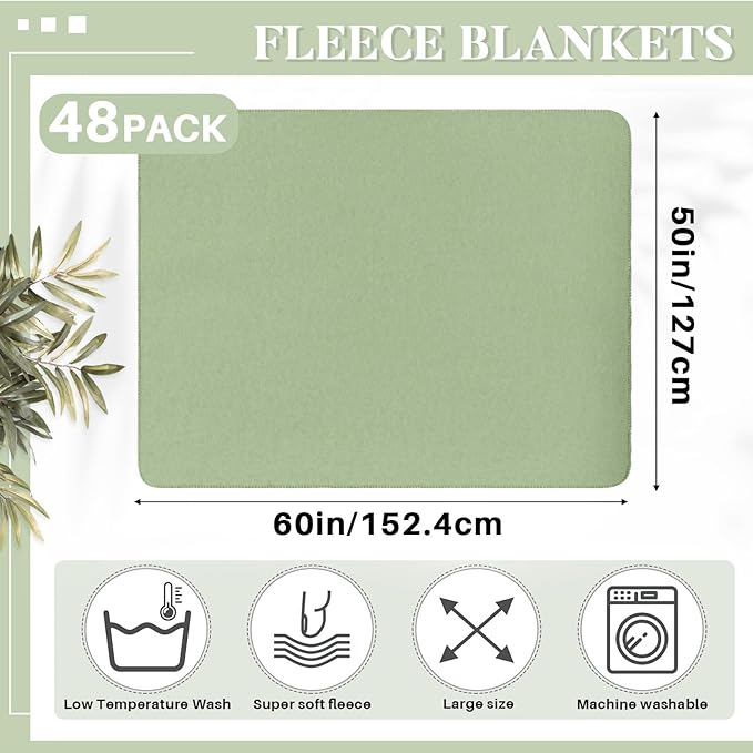 Newwiee 48 Pcs Fleece Throw Blankets Bulk Outdoor Wedding Guest Gifts Soft Lightweight Sleepover Lap Blankets Pet Home Sofa Couch Office Donation Homeless, 50 x 60 Inch (Sage Green)
