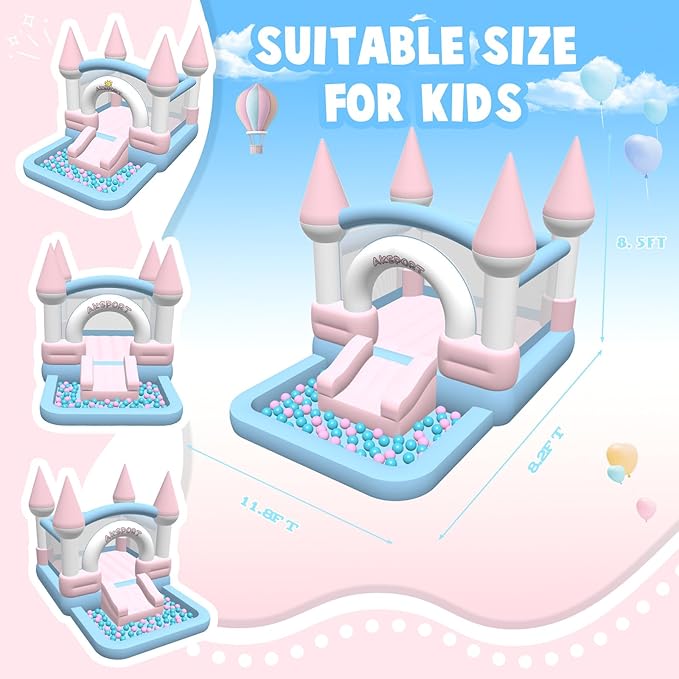 AKSPORT Inflatable Bounce House for Kids，Macaron Bouncy Castle with Air Blower & Slide & Large Ball Pool for Birthday Party, Wedding, Gift, Indoor & Outdoor，11.8FT*8.2FT*8.5FT