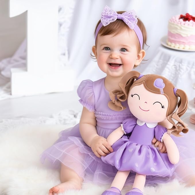 Gloveleya Baby Doll Gifts Plush Curly Girl Toys with Love Purple Light Skin