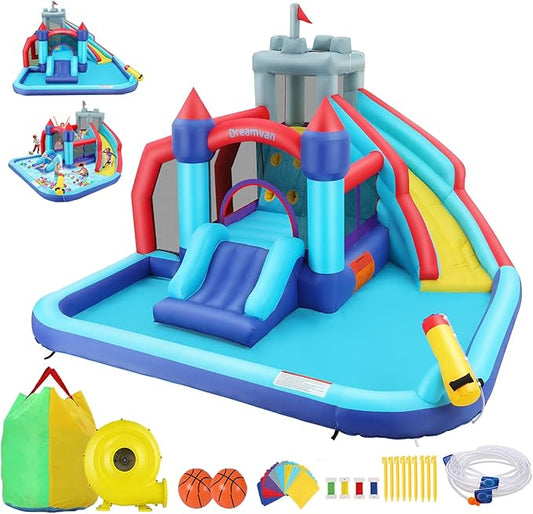 AKEYDIY Inflatable Bounce House,12in1 Bounce Castle Slide Park for Kids 3-12, Royal Blow Up Bounce Houses w/Long Slide,Climbing Wall,Inflatable Water Park for Kids Indoor Outdoor Party