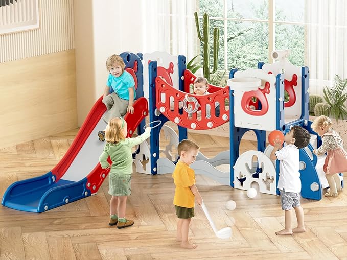 XJD Toddler Slide,11 in 1 Kids Slide for Toddlers 1-3, Toddler Climbing Toys,New Upgrade with Golf Set, Basketball Hoop for Indoor Outdoor Playset (Blue Red)