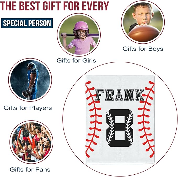 Personalized Baseball Blankets with Name Numbers, Custom Baseball Team Game Throw Flannel Blankets Stuff Gifts for Boys Sports Lover Fans Kids Adult