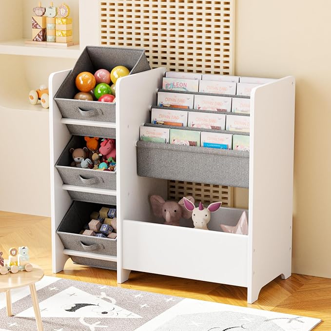 Kids Bookshelf & Toy Storage Organizer, Wooden Montessori Bookcase with Front-Facing Display Shelves and Fabric Bins, Toddler Book Shelf for Playroom, Bedroom & Small Spaces – White