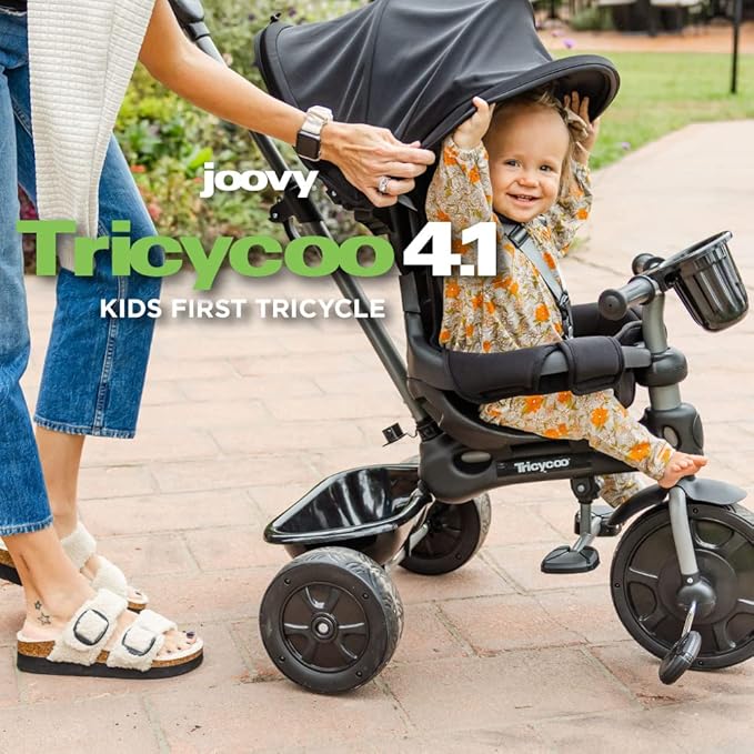 Joovy Tricycoo 4.1 Kids Tricycle with 4-Stages Featuring Extra-Wide Front Tire, Removable and Adjustable Parent Handle, Safety Harness, Machine-Washable Seat Pad, and Retractable Canopy (Black)