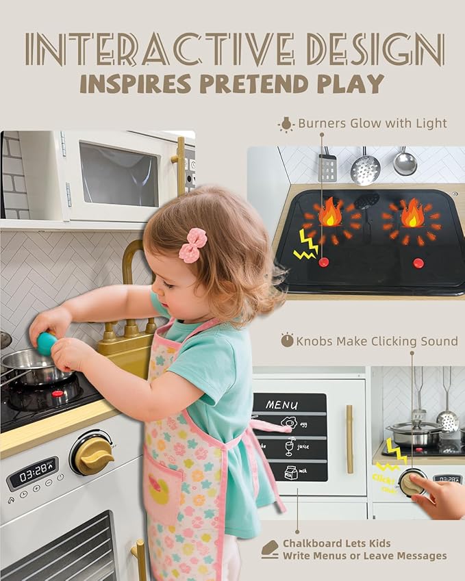 YUG Kids Play Kitchen Set with Real Lights & Sounds Toddler Kitchen Playset Including Stove, Oven, Dishwasher, Ice Maker, Pretend Kitchen Toy for Boys Girls Ages 3+, ASTM CPSIA Compliant