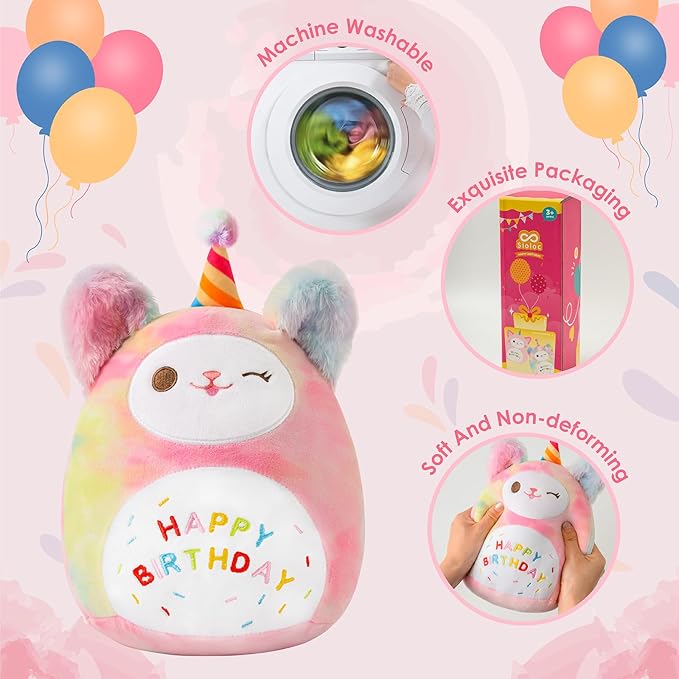 Sioloc10.6 Rainbow Birthday Cat Plush Pillow - Soft Kitten Stuffed Animal Toy, for Kids, Toddlers, Birthday Decor