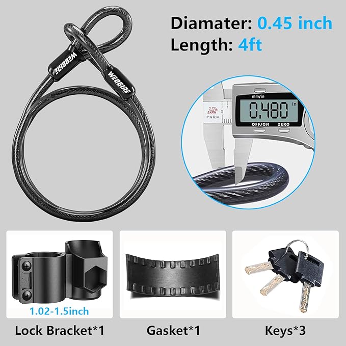 Bike U Lock with 5ft Security Cable 17mm Shackle, Bike Lock with 3 Keys and Mounting Bracket, Bicycle U-Locks Perfect for Road, Mountain, and Electric Bikes,Bicycle Lock