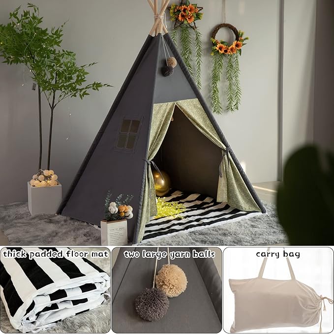Teepee Tent for Kids Stripe Padded Mat Foldable Dark Tone Grey Play Tents for Girl and Boy with Carry Case Wooden Pole Printing Canvas Tepee Playhouse for Child Indoor Outdoor
