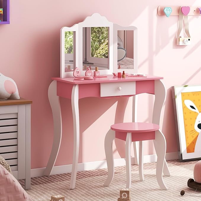 HONEY JOY Kids Vanity, Toddler Wooden Makeup Vanity Table & Chair Set, Tri-Fold Princess Mirror, Little Girls Vanity Set with Mirror and Stool (Pink)