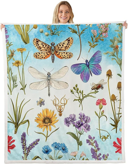 Dragonfly Fleece Throw Blanket Butterfly Plush Blanket Girls Women Colorful Floral Botanical Sherpa Blanket Kids Boys Bright Room Decor Beautiful Animal Fuzzy Blanket for Sofa Bed Couch, 40x50 Inch