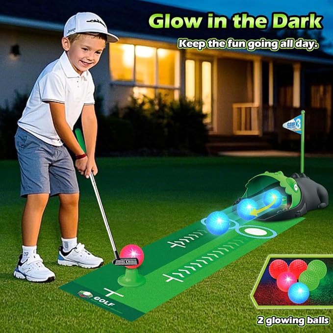 Upgraded Kids Toy Golf Set with Dinosaur Automatic Golf Returner, Led Light Up Night Golf Balls, 3 Clubs, Putting Mat, 3-8 Toddler Mini Golf Games, Indoor Outdoor Sports Toys for Boys Girls 3+