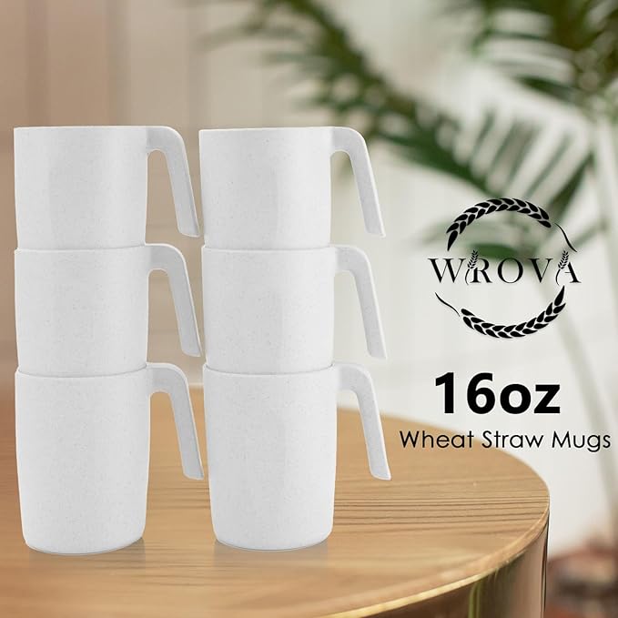 Wheat Straw Cups with Handles 16oz -Plastic Cups Reusable Set of 6-Unbreakable Coffee Mugs- Microwave & Dishwasher Safe Mug-Ideal Plastic Mugs for Tea,Coffee,Camping,RV-White