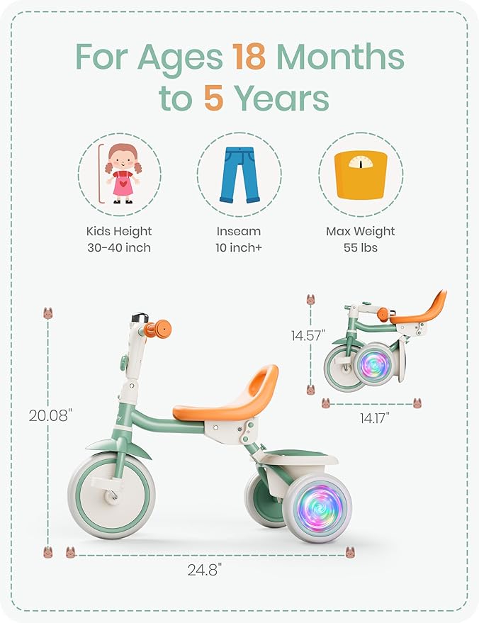 besrey Kids Tricycle with Flash Wheels for Ages 18 Months to 5 Years, Toddler Tricycle with Bell, Kids Tricycle, Gift for 2-5 Year Olds, Gift and Toy for Boys and Girls, Tricycle for Toddlers, Green
