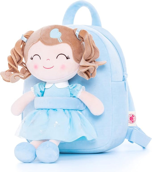 Gloveleya Back to School Gifts for Girls Toddler Backpack Baby Girls Gift Plush Bag Diaper Bag with Spring Girl Doll Curly Hair Girl Toys with Love Blue