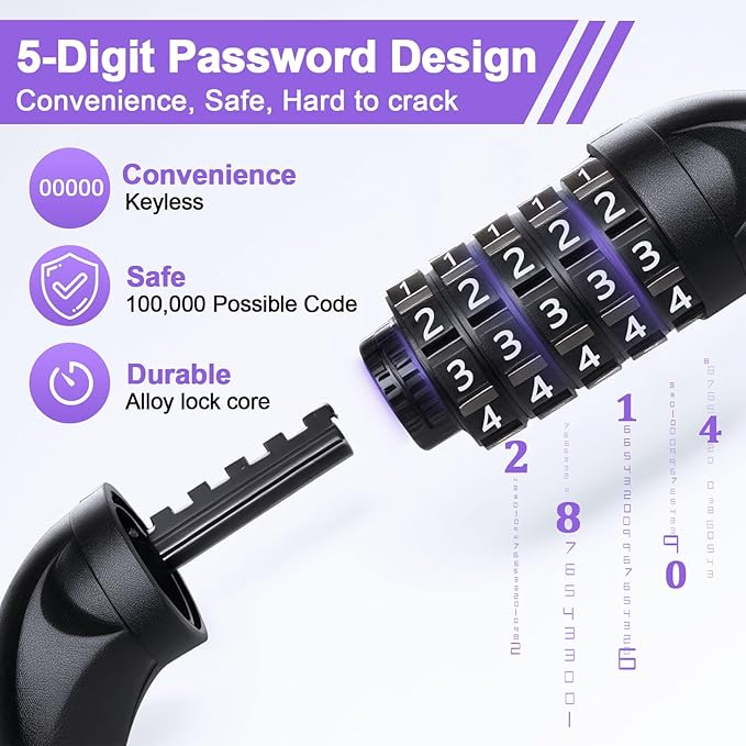 NDakter Bike Chain Lock, 5 Digit Combination Heavy Duty Anti Theft Bicycle Chain Lock,2.62/3.2/4.27/5/6Ft Long Security Resettable Bike Locks for Bike, Bicycle, Scooter, Door, Gate, Fence-4/6mm Thick