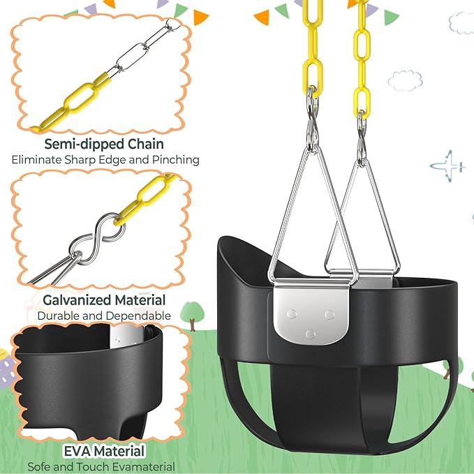 AGPTEK High Back Full Bucket Toddler Swing Seat with Yellow Coated Swing Chains and Carabiners Baby Swing Outdoor for Easy Install (Black)