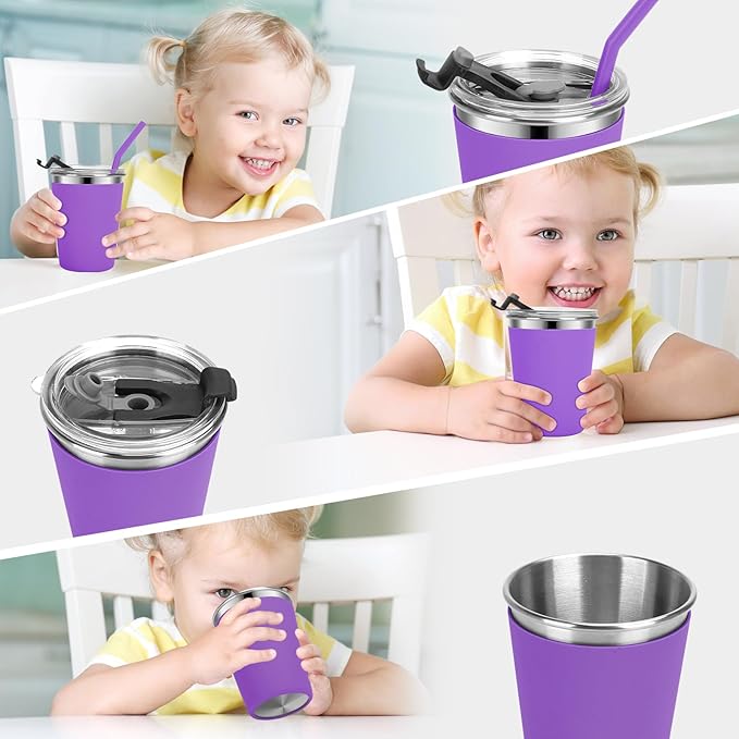 Kids Cups with Straws and Lids Leak Proof, 12oz Sippy Cups for Toddlers 1-3 No Spill, 2 Pack Spill Proof Cup Stainless Steel Kids Cup with Lids for School, Outdoor (Pink & Purple)