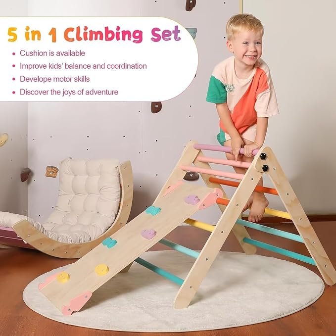 Pikler Triangle Set with Cushion Large, 5 in 1 Toddler Climbing Toys Indoor, Montessori Foldable Climbing Set for Kids, Wooden Playground Jungle Gym with Ramp, Arch and Ladder (Color-B)