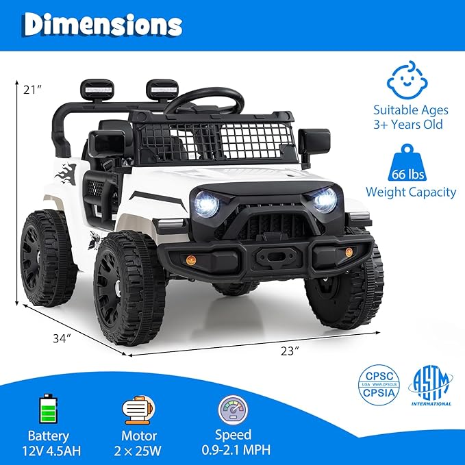 Costzon Kids Ride on Car Truck, 12V Electric Vehicle w/Foldable Mirrors, 3 Speeds, LED Lights, Music & Horn, Ride on Toys Remote Control Car for Toddlers, Boys & Girls (White,34" × 23" × 21")