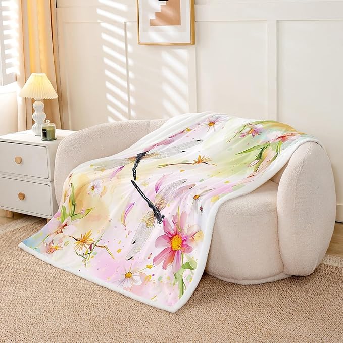 Feelyou Dragonfly Sherpa Blanket for Girls Women Colorful Floral Throw Beautiful Dragonflies Plush Pink Flowers Room Decor Animal Fuzzy Sofa Bed Couch, 50x60 Inch