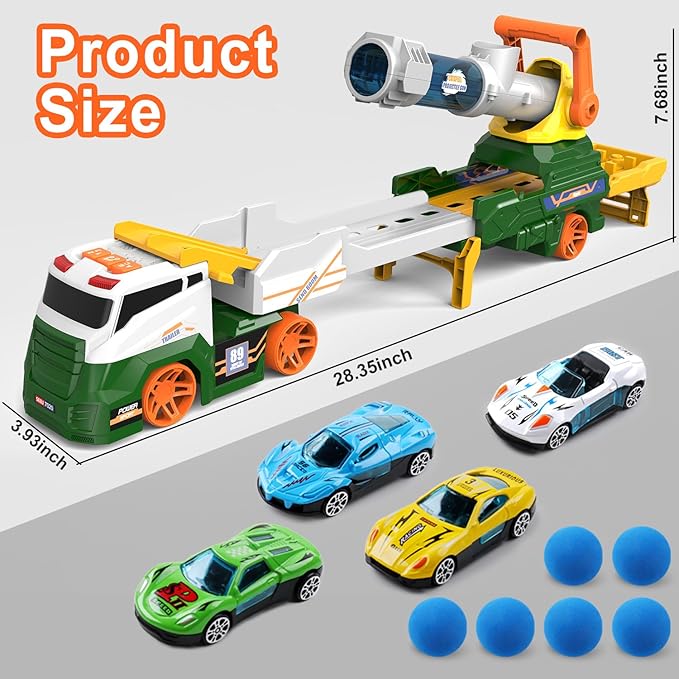 Dwi Dowellin Truck Toys for Kids, 28" Large Car Toys Include 4 Racing Cars+6 Ball, with Light & Sounds, Eejection&Shooting Transport Cars Toy, Gifts for Boys Girls-Green