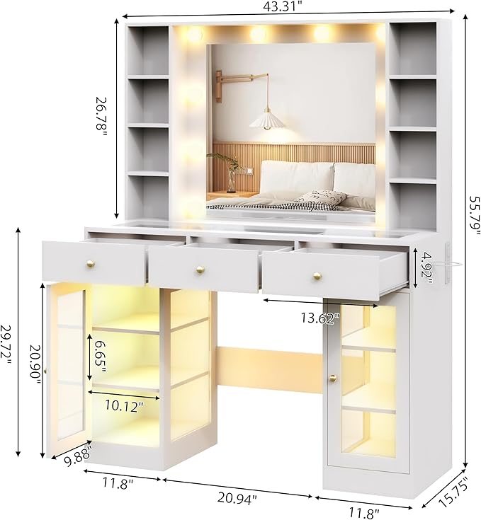 Makeup Vanity with Mirror and Lights, 43'' Wide Dressing Table with Storage Drawers, Open Shelves & Power Outlet, Vanity Desk with RGB Cabinet & Glass Top for Girls Bedroom, Living Room, White