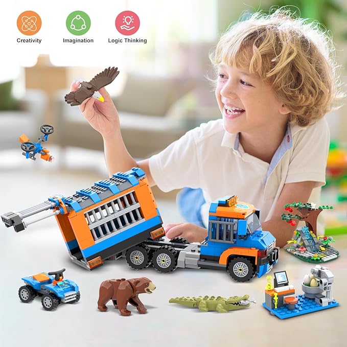 City Jungle Adventurer Helicopter Building Toys - 1356PCS Forest Truck Adventure Building Set with Car Crocodile Brown Bear Wildlife Rescue Blocks Playset Gift for Adults Kids Boys 6+ Years