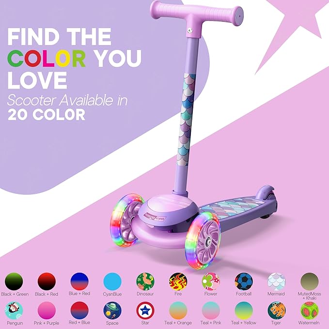 3 Wheel Scooter for Kids, Smooth Light Up LED Front Wheels, Wide Anti Slip Deck, Rear Foot Brake, Easy Lean to Steer Maneuvering, Indoor & Outdoor Ride On Toys for Ages 2 Up