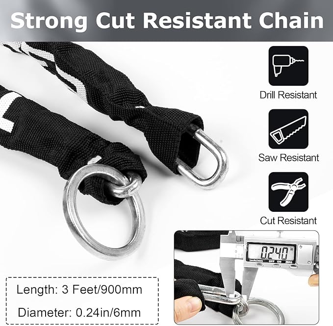 Titanker Motorcycle Chain Lock, Heavy Duty Bike Chain Lock with 2 Keys, Bike Locks with 14mm Thick U Lock for Bicycles, Motorbikes, Mopeds, Scooters (3FT,4FT)(6mm Chain,12mm Chain)