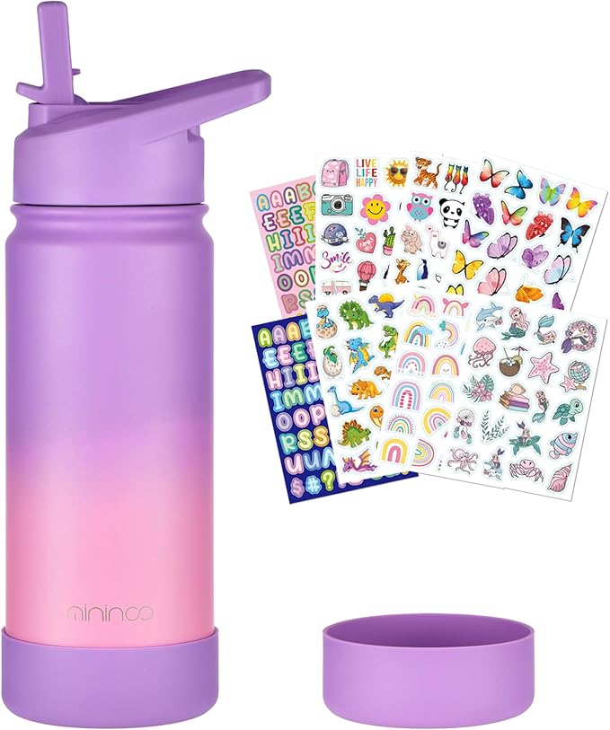 mininoo Kids Water Bottle for School, 16oz Stainless Steel Insulated Water Bottle Kids with Straw Lid for Girls, Boys (Purple/Pink)