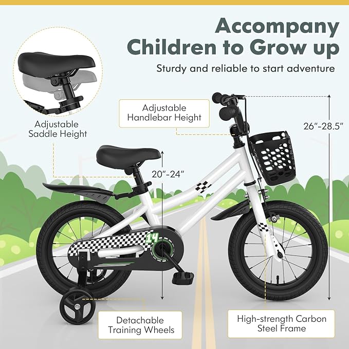 COSTWAY Kids Bike, 12 14 16 18 Inch Toddler Bike for Boys & Girls Aged 3-8 Years Old, Kids Bicycle w/Removable Training Wheels, Handbrake & Coaster Brake, Basket, Bell