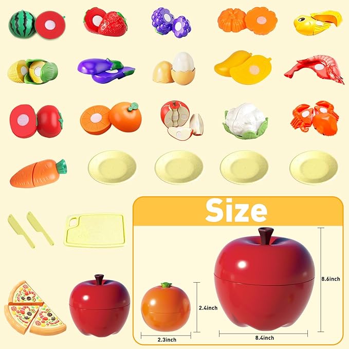 Pretend Play Food Sets for Kids Kitchen, Cutting Toy Food with Apple Basket, Play Kitchen Accessories for Toddlers, Fake Food with Pizza Veggies Fruits, Toys for Boys Girls