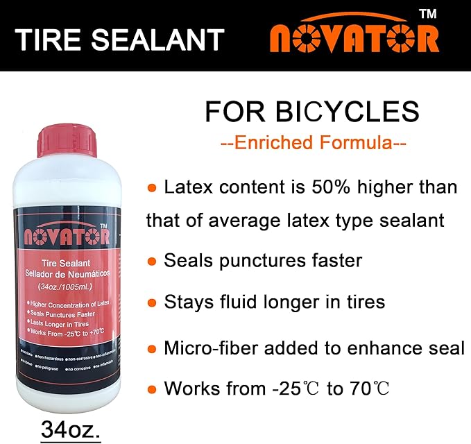 NOVATOR Endurance Bike Tire Sealant for Tubeless, Tubulars, Tubes, Seals Faster, Lasts Longer, Micro-Fiber for MTB, Road, Gravel Bicycle Tires