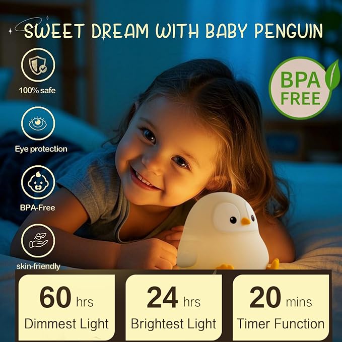 Penguin Night Light for Kids, Squishy Rechargeable Penguin Lamp, Cute White Elephant Christmas Gifts, Dimmable Touch Penguins Nightlight, Boy Girl Baby Nursery Room College Animal Décor